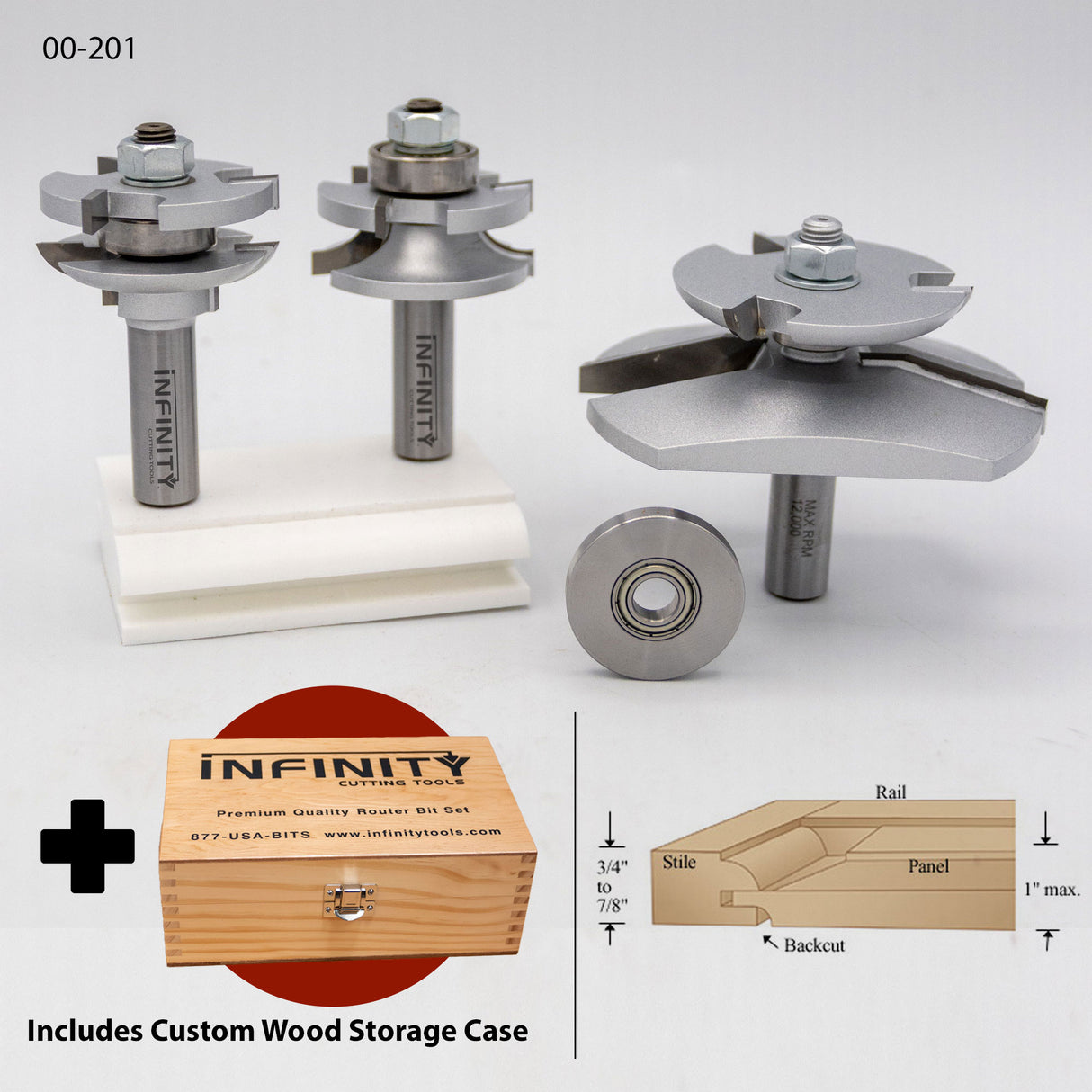 Infinity Tools 1/2" Shank 3-Pc. Cabinetmaker's Combo Router Bit Set w/ Backcutter