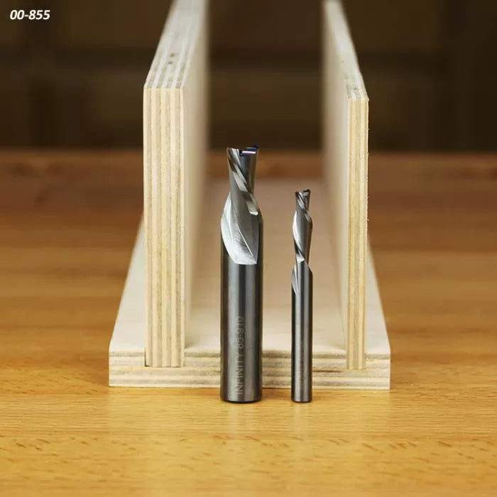 Juegos de brocas espirales de corte descendente de Infinity Tools para cortes de ranura en madera contrachapada