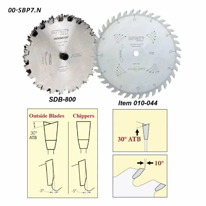Paquete de 2 hojas de sierra Infinity de 8" con Dadonator y corte completo Super General, orificio de 5/8"
