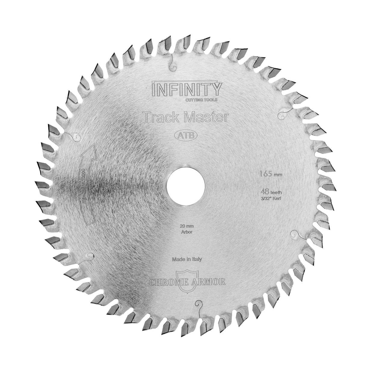 Circular saw blade with 'Infinity' branding on a white background