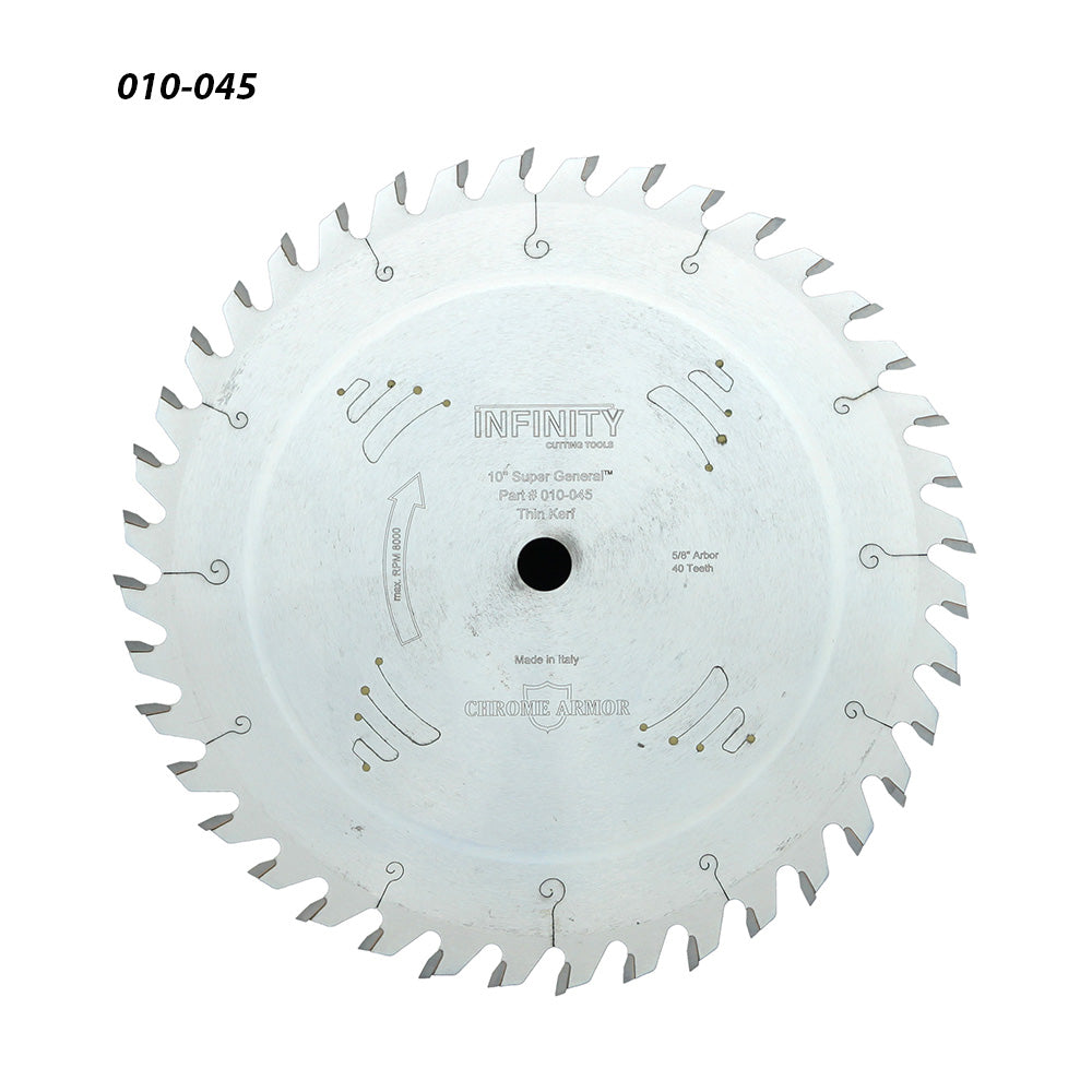 Hojas de sierra de mesa Super General de 10" x 40T de Infinity Tools, orificio de 5/8"