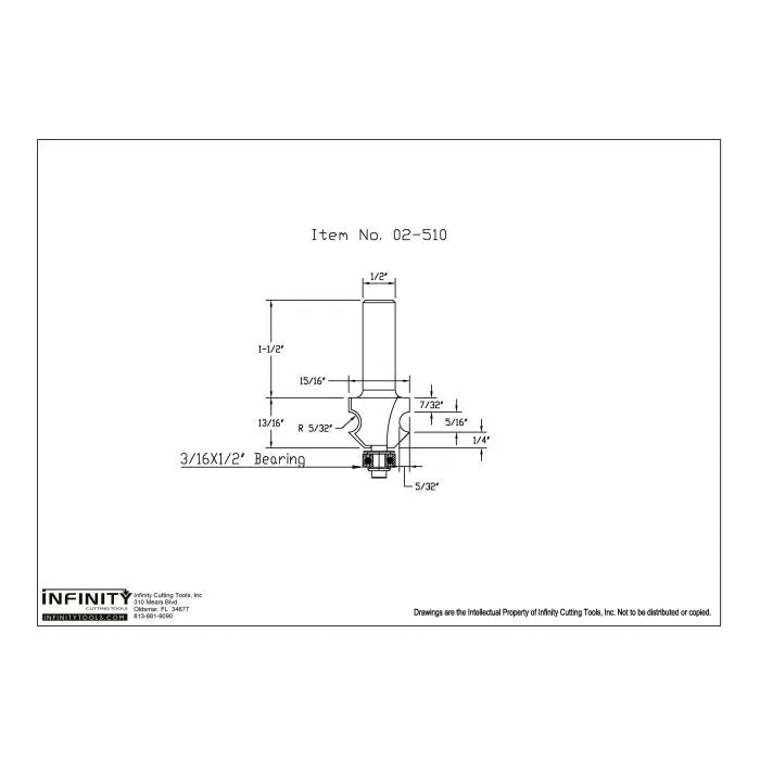 Technical drawing of a router bit with dimensions and specifications, branded 'Infinity'.