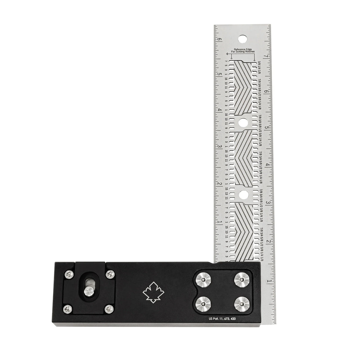 Precision woodworking square with aluminum base and stainless steel measuring ruler