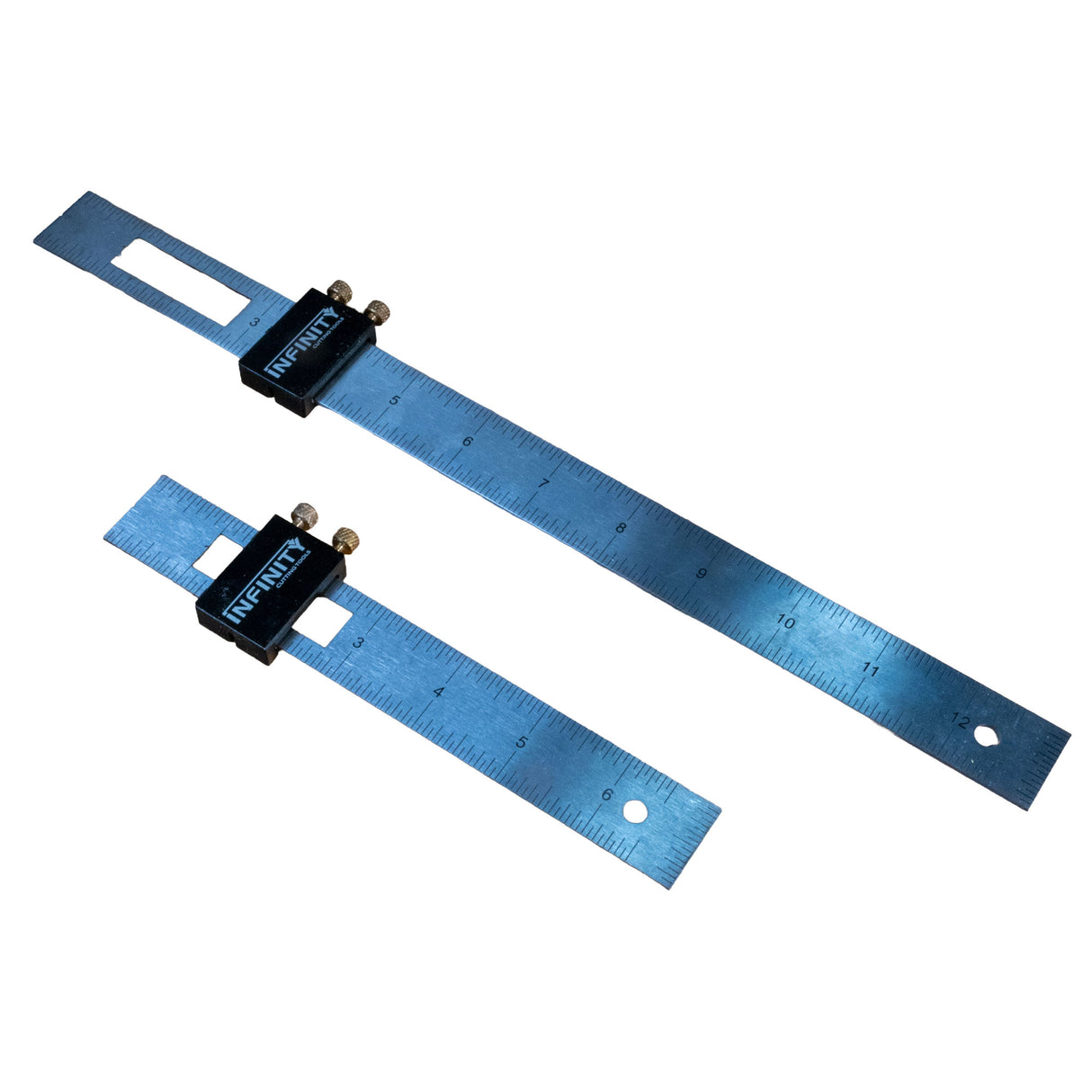 Two metal rulers with 'Infinity' branding on a white background