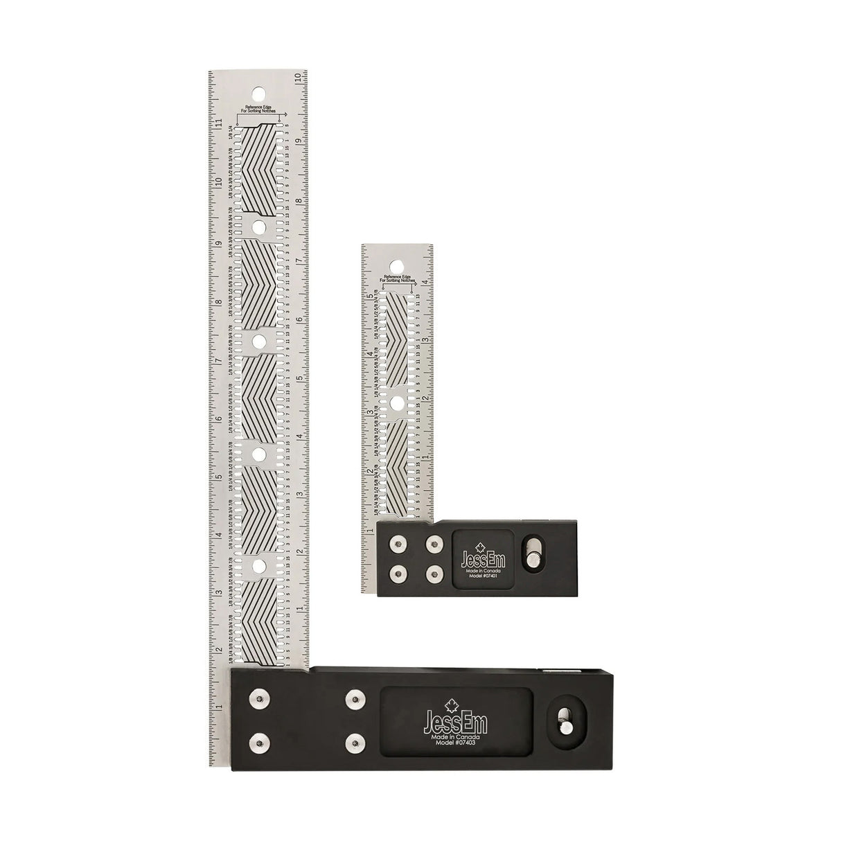 Two precision woodworking squares with metal rulers and black handles for accurate measuring