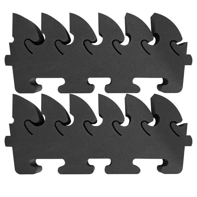 Black plastic dovetail track inserts for woodworking jigs, two pieces on white background.