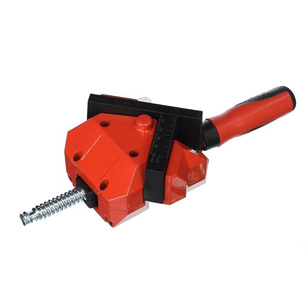 Red and black Bessey corner clamp on a white background
