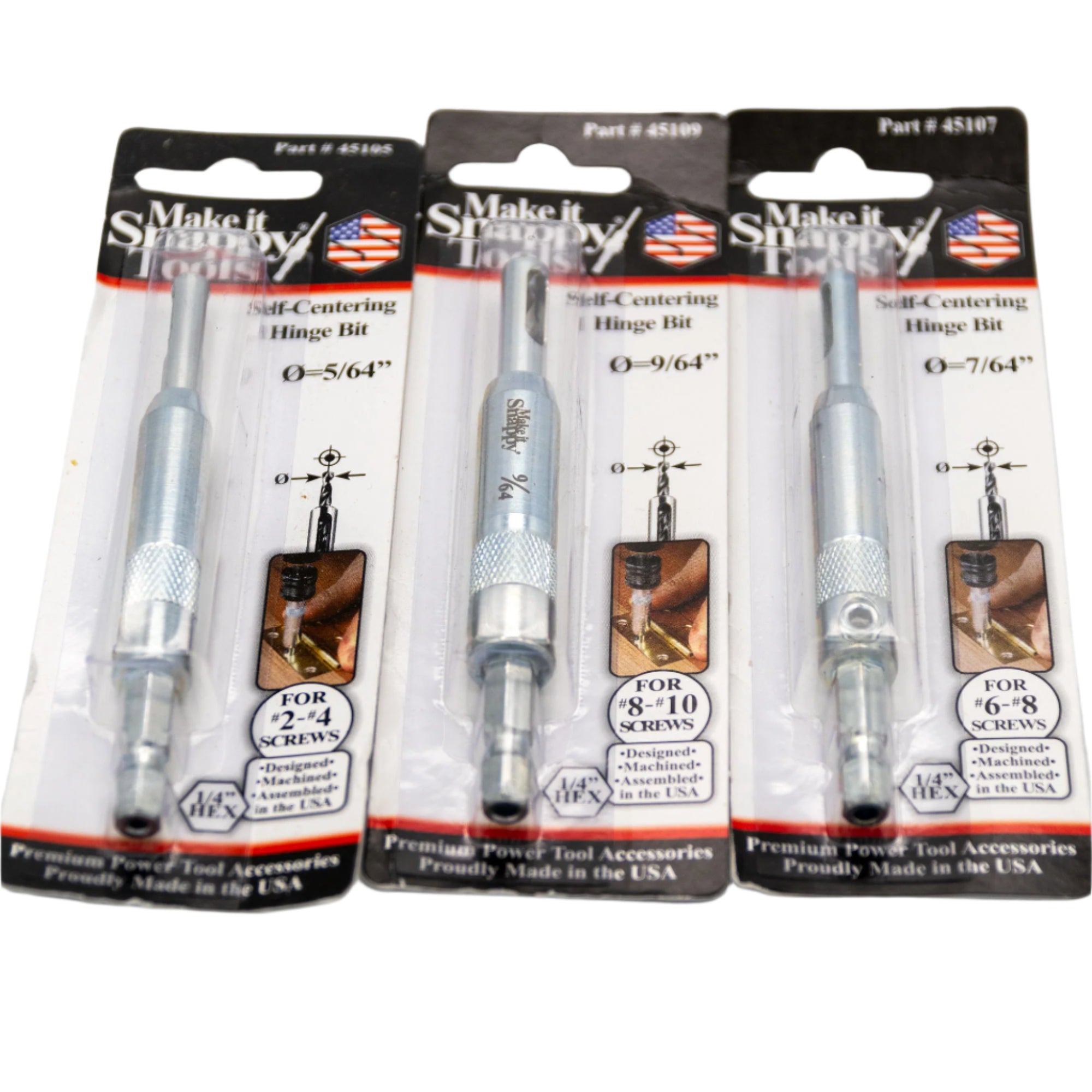 thumbnail image 2 of Snappy Tools 5pc Self Centering Hinge Drill Bit Set – Spring Loaded, Made In USA 2 of 6