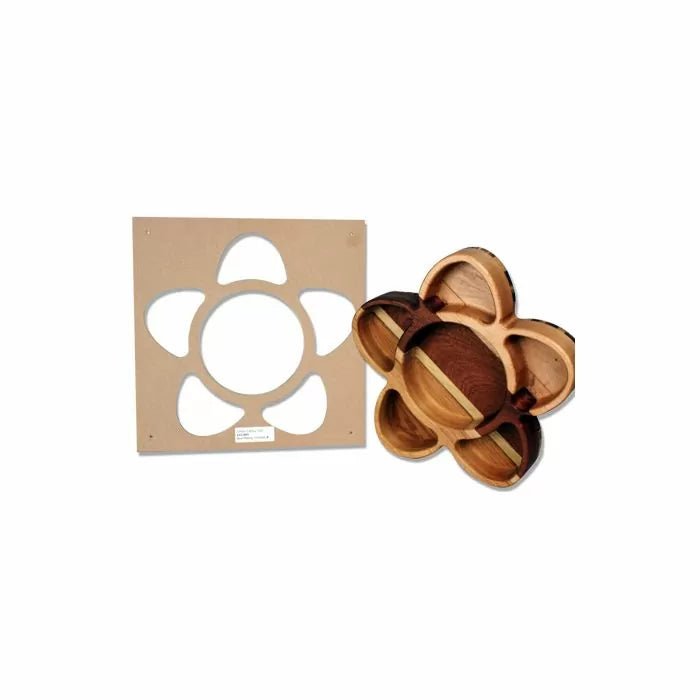 Flower-shaped wooden serving tray with matching woodworking template on white background.