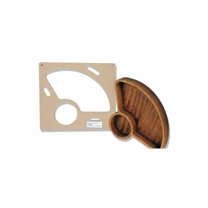 Woodworking tray template set with MDF routing template and finished wooden tray on white background