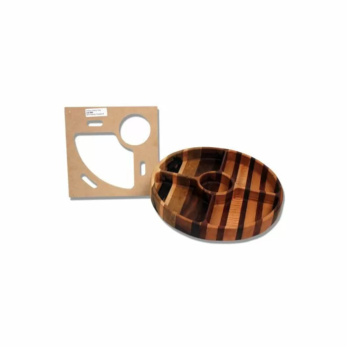 Woodworking tray template and round striped wood serving tray with compartments