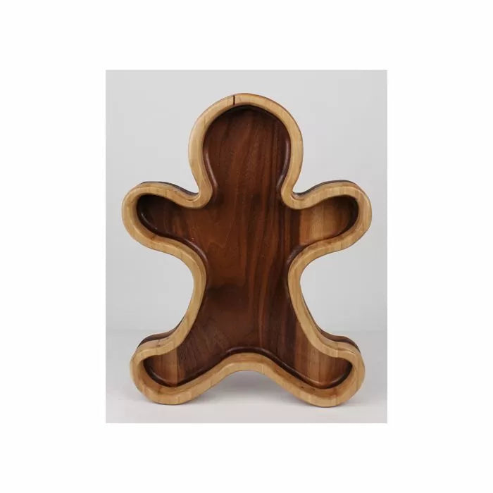 Wooden gingerbread man shaped decorative tray with natural wood grain finish