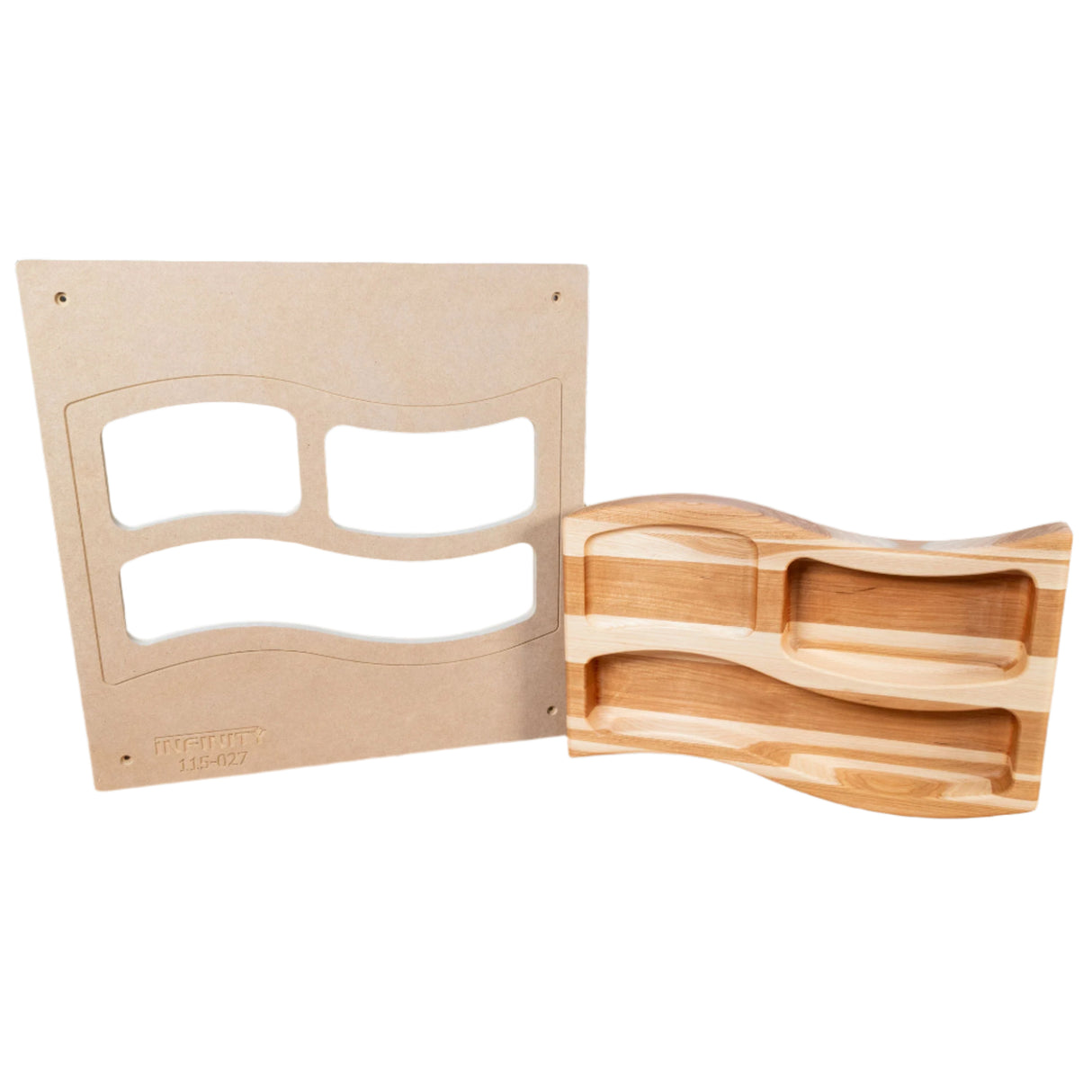 Woodworking flag tray template and finished wooden tray with wave-shaped compartments