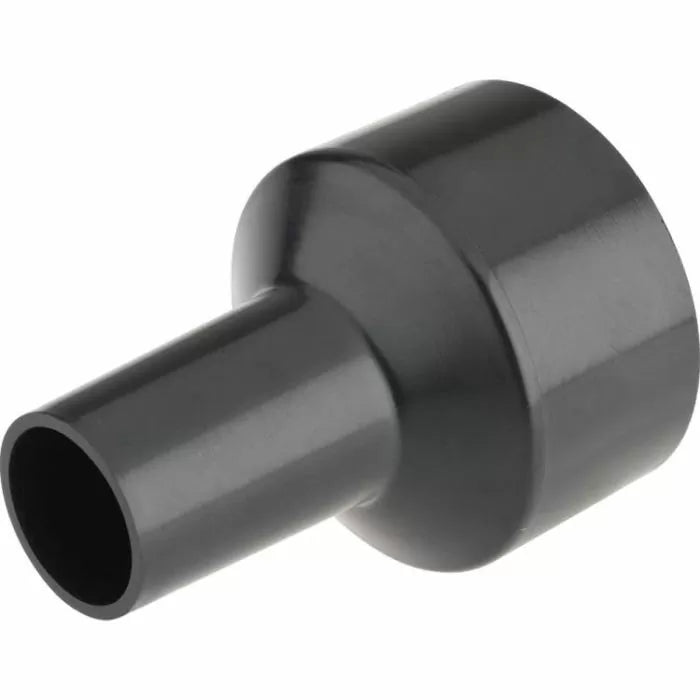 Black plastic dust collection hose adapter for woodworking router table or shop tools