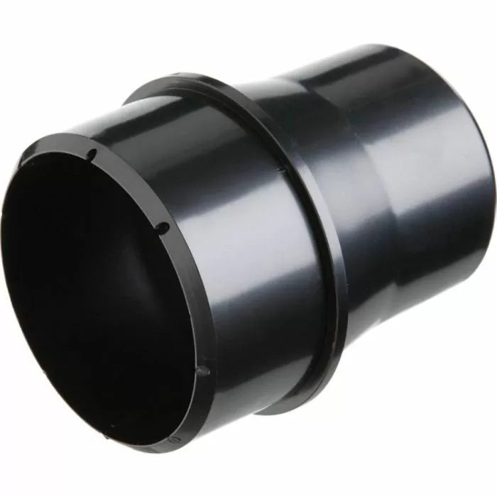 Black plastic dust collection hose adapter for woodworking tools, isolated on white background.