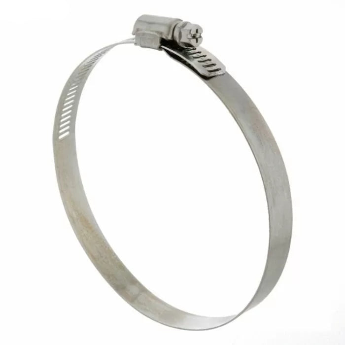 Stainless steel hose clamp with screw adjustment, ideal for woodworking dust collection systems.