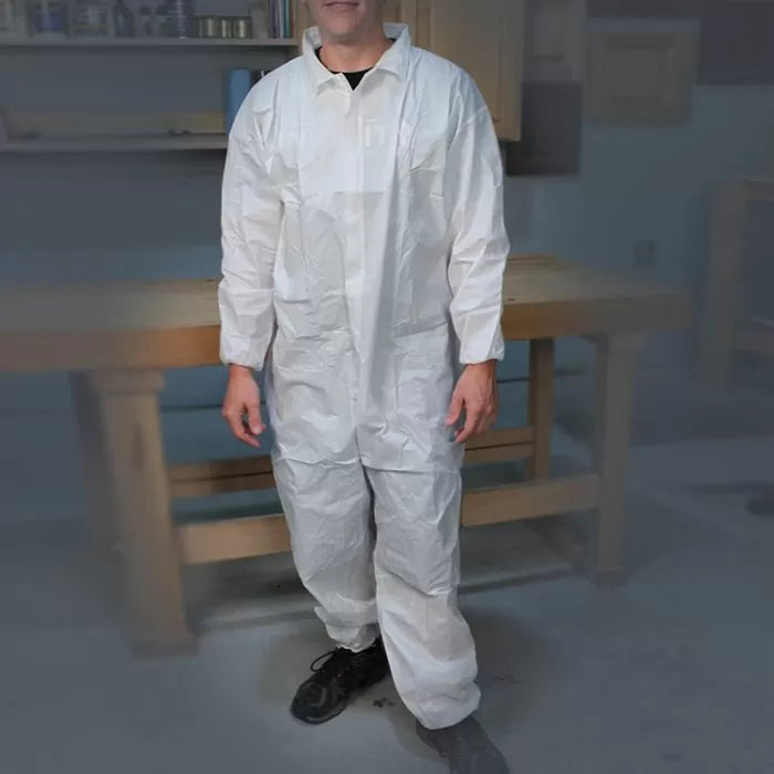 White disposable coverall suit for woodworking or workshop protection