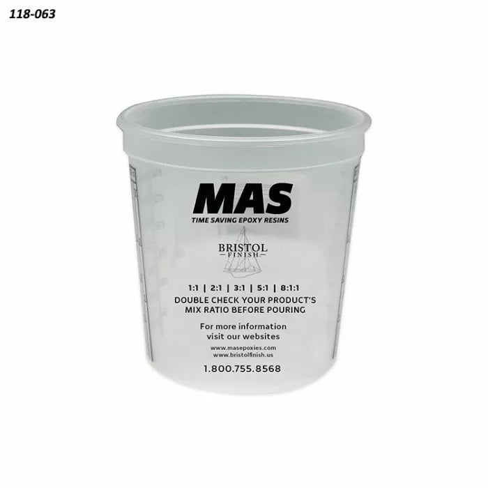 Clear MAS epoxy mixing cup with printed mix ratios and measurement markings