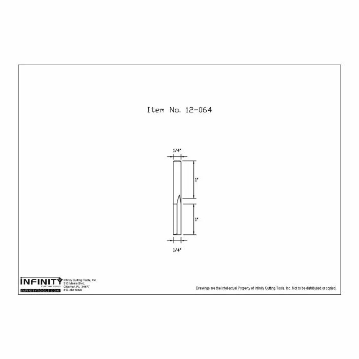 Technical drawing of 1/4-inch straight router bit, item 12-064, with measured dimensions.