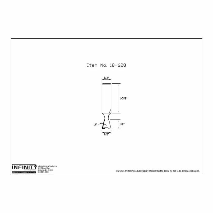 Technical drawing of a woodworking router bit with labeled dimensions and item number 18-628.