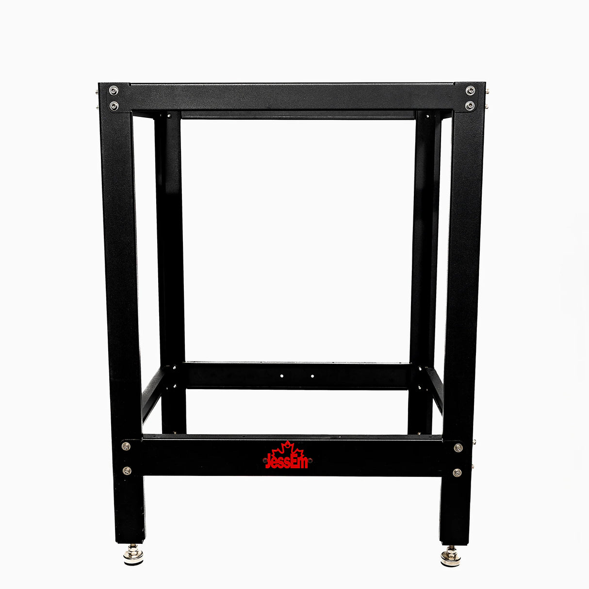 Black metal router table stand with adjustable feet, ideal for woodworking setups