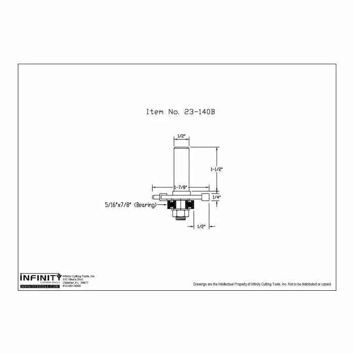 Technical drawing of router bit model 23-140B with detailed measurements.