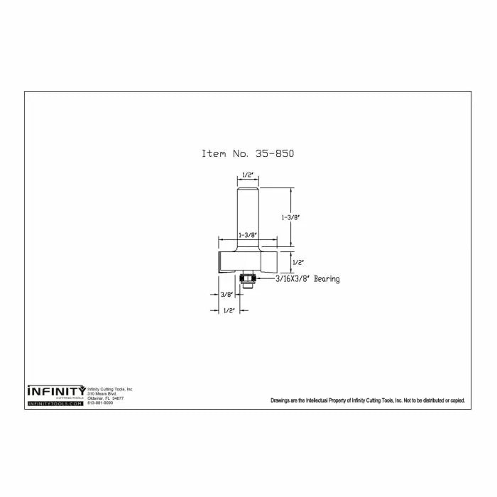 Technical drawing of woodworking router bit with dimensions and bearing details.