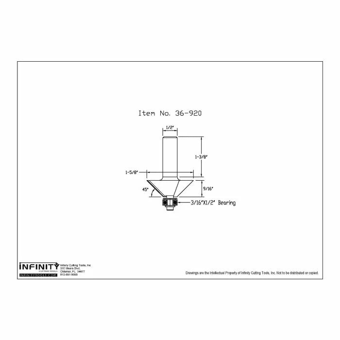 Technical drawing of 36-920 router bit with dimensions and labeled bearing, woodworking tool