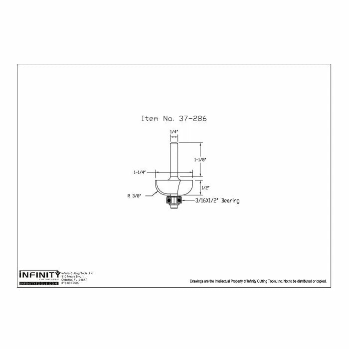 Technical drawing of roundover router bit with dimensions and bearing size details.
