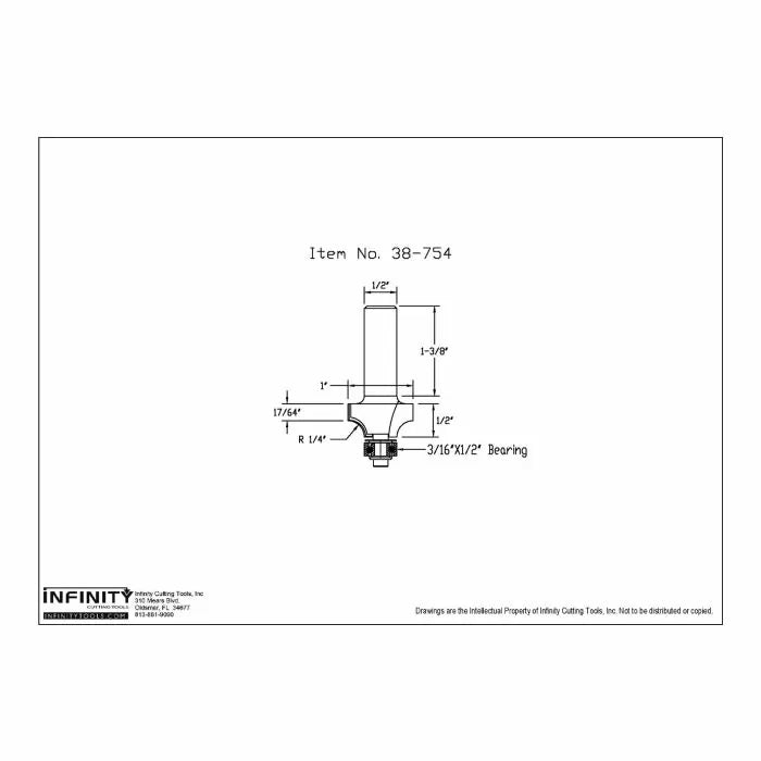 Technical diagram of woodworking router bit with detailed measurements, item number 38-754.