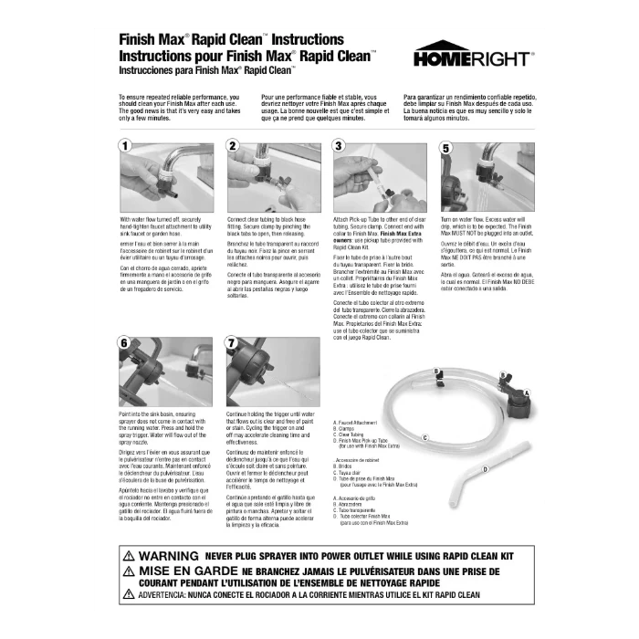 Instruction sheet showing how to use the Finish Max Rapid Clean sprayer cleaning kit with hose and nozzle. Sold separately.