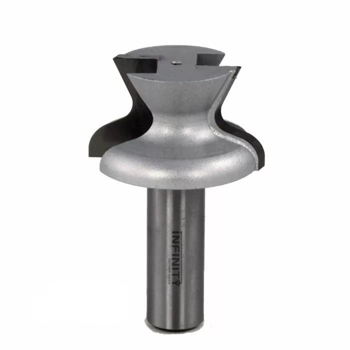 Woodworking router bit with curved profile and steel shank, model 56-503, on white background.