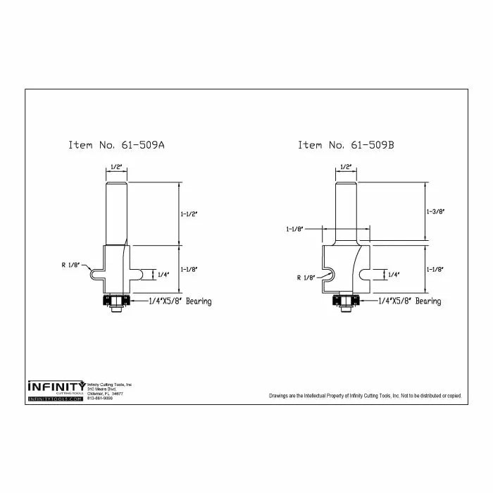 Technical drawing of 61-509A and 61-509B flooring router bits with dimensions and bearing sizes