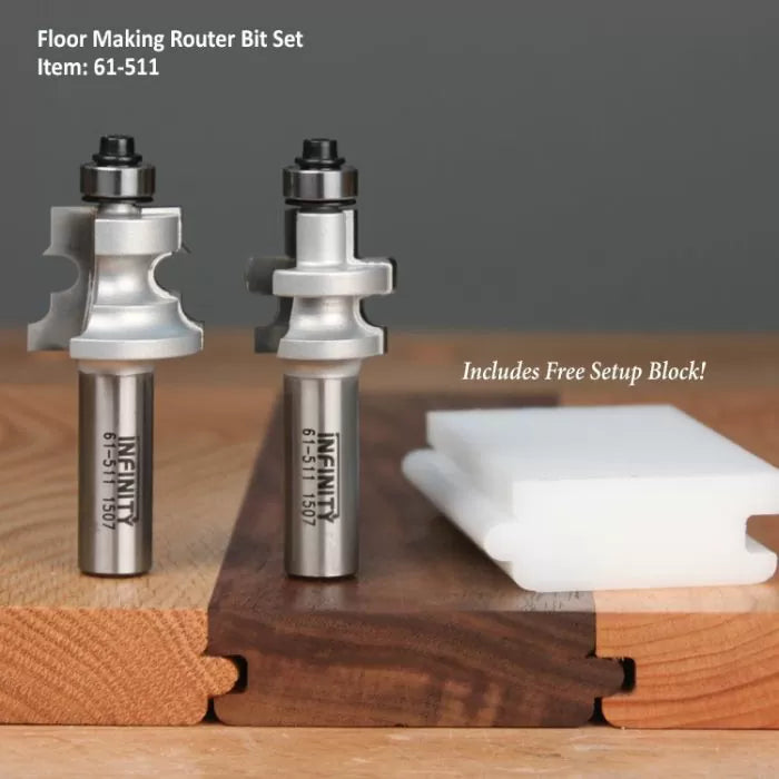 61-511 floor making router bit set with included SET-511 setup block on a wood surface
