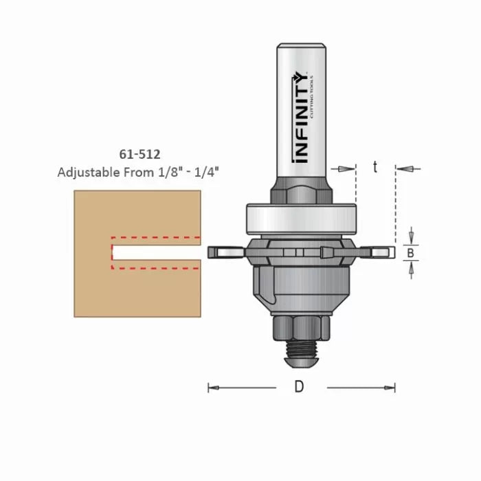 Adjustable slot cutter router bit diagram for woodworking, showing depth and width settings.