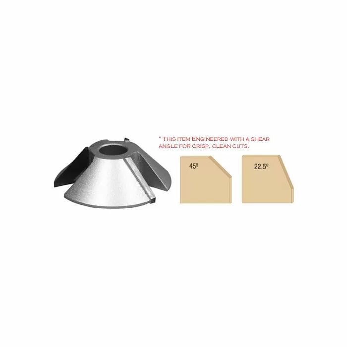 Steel chamfer router bit with 45 and 22.5 degree angle cutting profiles for woodworking