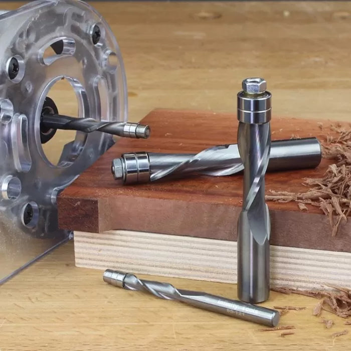 Infinity Tools 1/4" Shank x 1/4" Cutter Diameter x 1" Cutter Length. Solid Carbide Spiral Flush Trim Router Bits