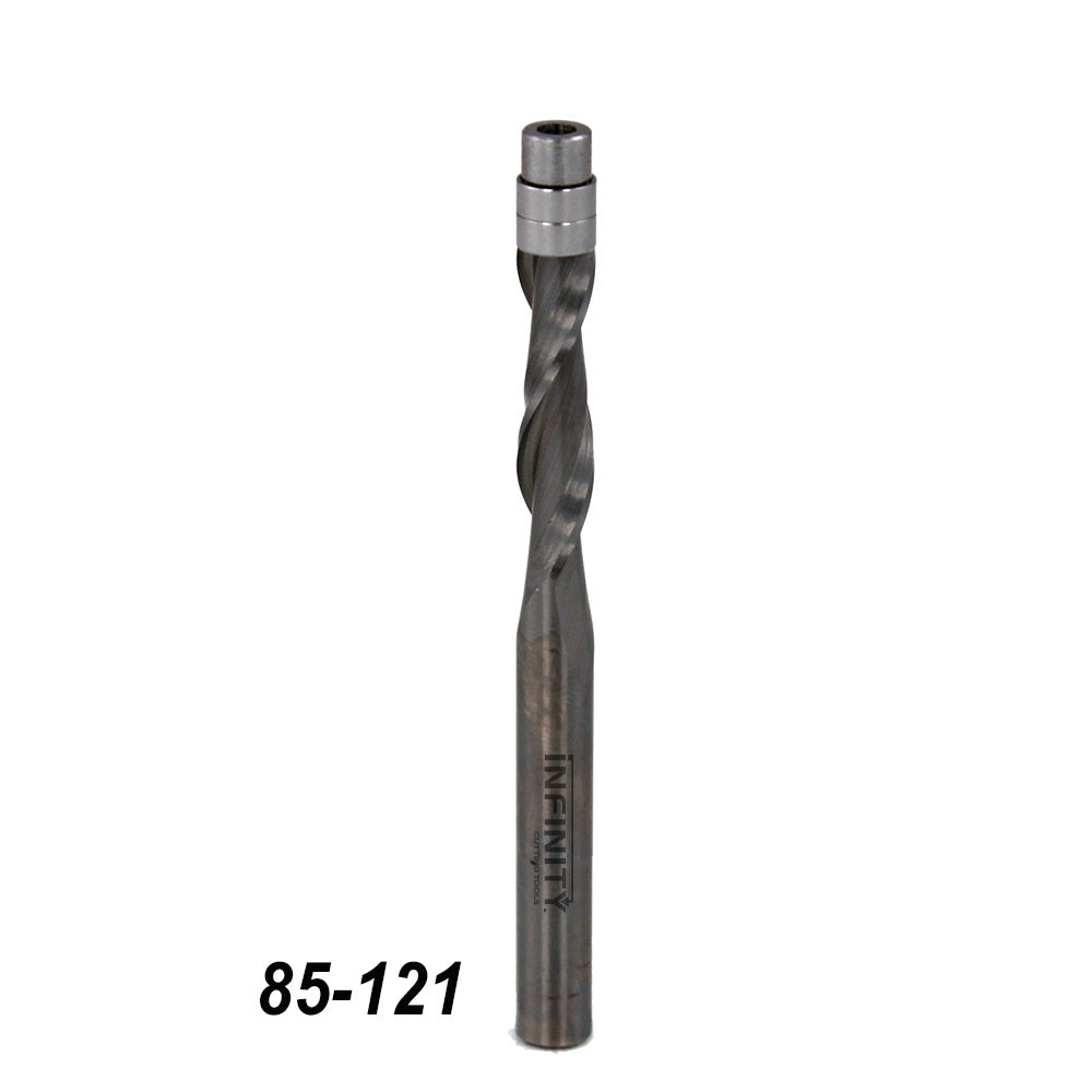 Infinity Tools 1/4" Shank x 1/4" Cutter Diameter x 1" Cutter Length. Solid Carbide Spiral Flush Trim Router Bits
