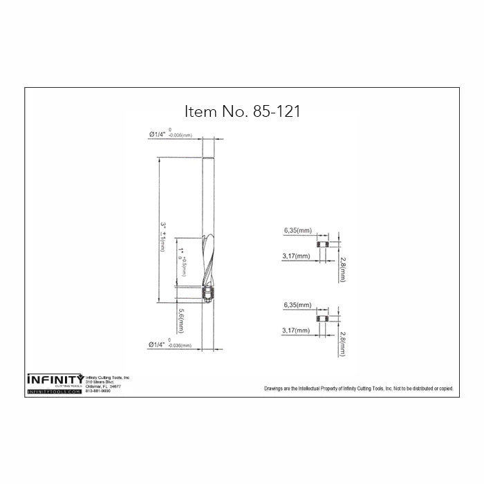 Infinity Tools 1/4" Shank x 1/4" Cutter Diameter x 1" Cutter Length. Solid Carbide Spiral Flush Trim Router Bits