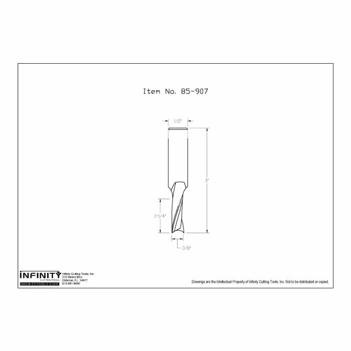 Technical drawing of straight router bit with 1/2 inch shank, 3/8 inch cutting diameter.