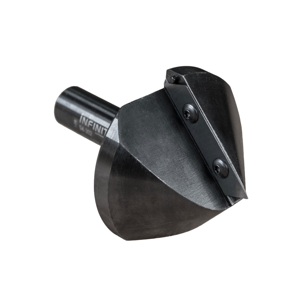 Infinity Tools Insert Pro 90 Degree V-Groove Router Bit laying on its side 3/4 view showing the top of the bit and blade.