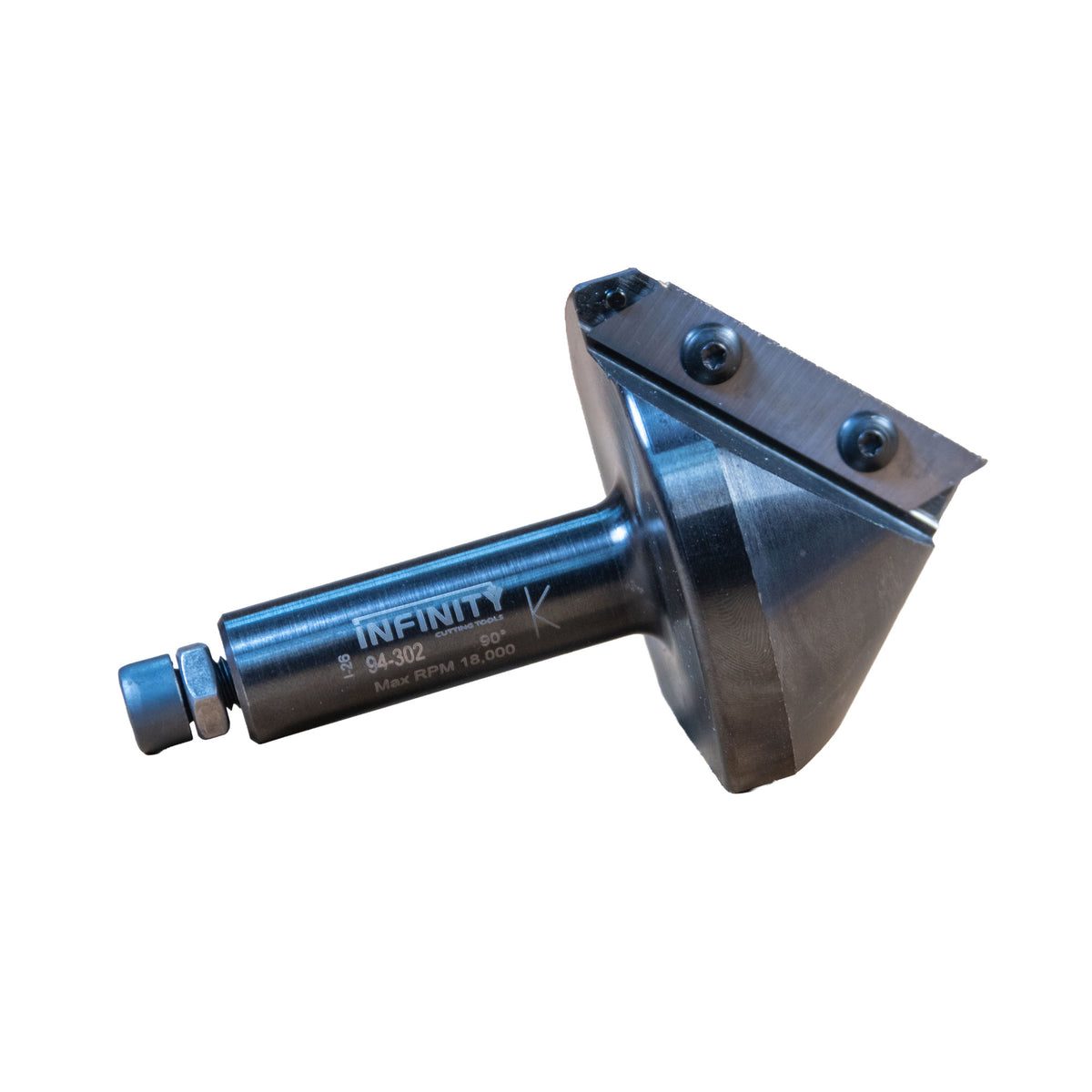 Insert Pro V-Groove 90 Degree router bit laying on its side on a white background with bolt and nut installed.