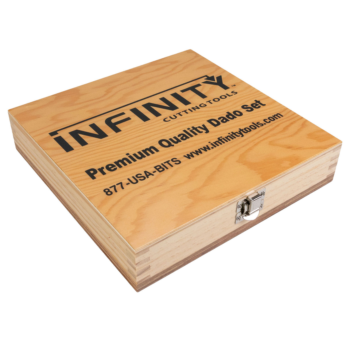 Wooden box with 'Infinity Cutting Tools' branding on a white background