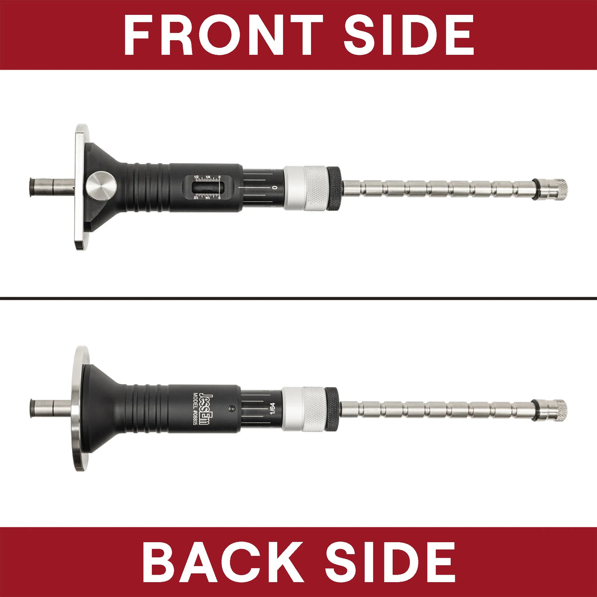 Feature graphic showing the front and back sides of the JessEm Wood Sabre II marking gauge