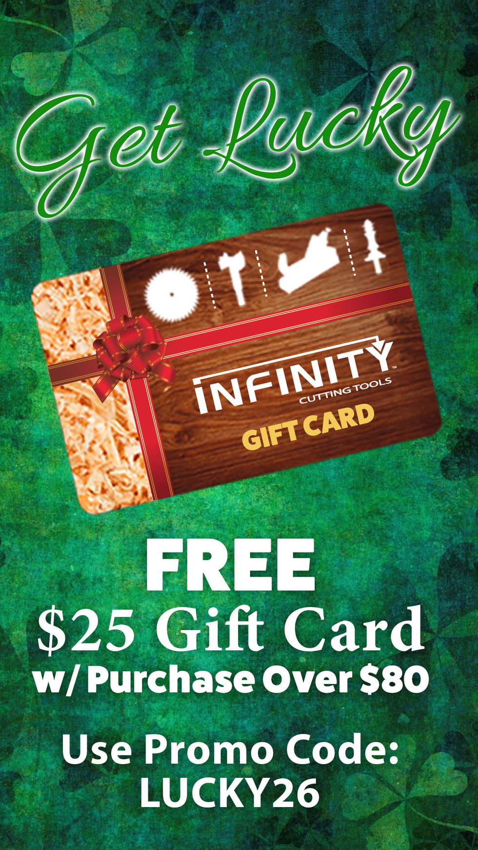 Promotional image for Infinity Gift Card with a green background and text.