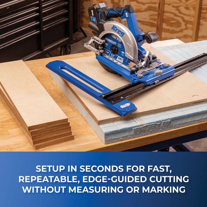 Circular saw with guide rail on a workbench with text about setup time and cutting capabilities.