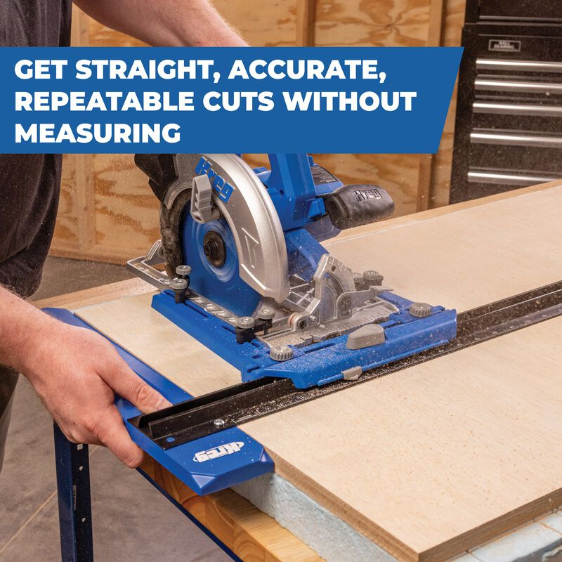 Person using a circular saw with a guide rail on a wooden surface, with text about accurate cuts.
