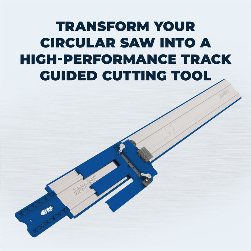 Track-guided cutting tool for circular saw on a light blue background with text.