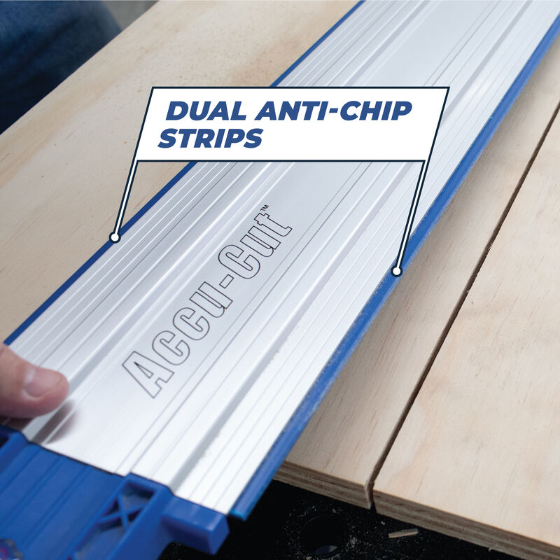 Accu-Cut cutting guide with dual anti-chip strips on a wooden surface
