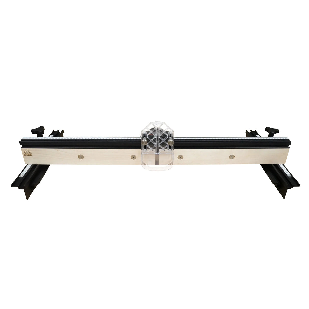 Router table fence with adjustable aluminum and wood construction, dust port center